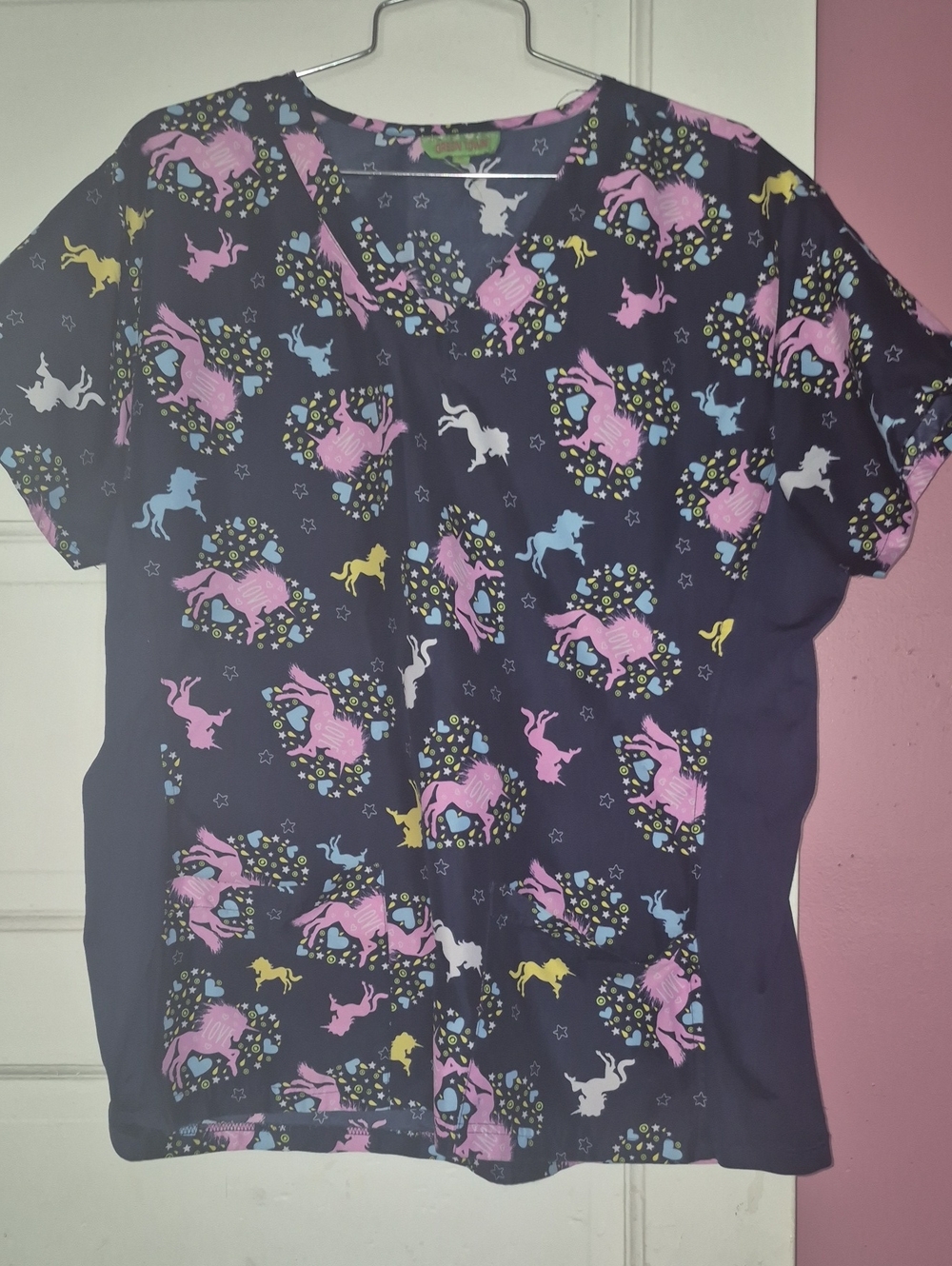 Women’s Navy Unicorn Print V-Neck Top - Pink & Multicolor